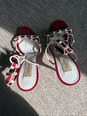 Valentino Red and White Studded Wrap Sandals